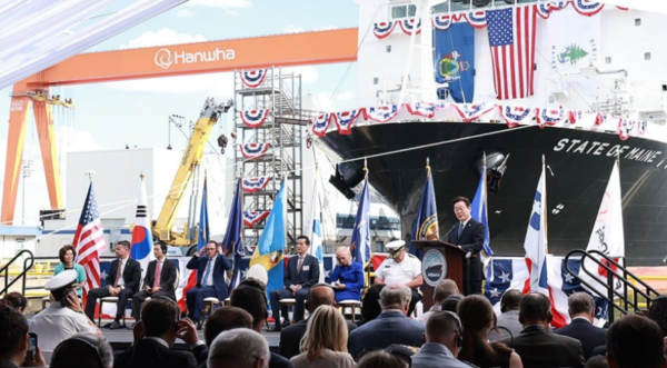 이재명 대통령이 지난 8월 26일(현지시간) 미국 필라델피아의 한화 필리조선소에서 '스테이트 오브 메인'호 명명식 축사를 하고 있다. 2025.8.26 [사진=연합뉴스]