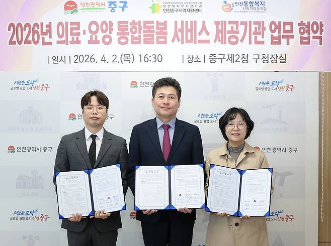 김정헌 중구청장이 2일 의료·요양 통합돌봄 서비스 제공기관 및 퇴원환자 연계 의료기관과 릴레이 협약 체결했다.