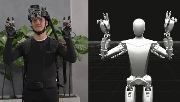 테슬라 직원이 모션 캡처 글로브와 슈트를 입고 사람의 움직임을 데이터로 만들어 휴머노이드 로봇 옵티머스를 훈련시키고 있다.&nbsp;[출처=테슬라 옵티머스 X]