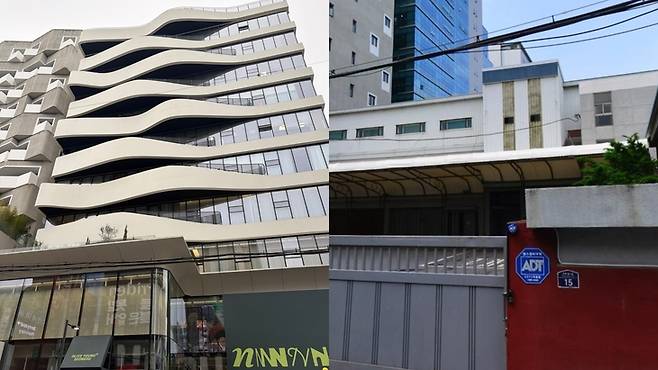 ▲좌측 사진은 31일 올리브영 N 성수 건물, 우측 사진은 2021년 4월 같은 부지의 네이버 로드뷰 모습 (사진=송윤주기자)