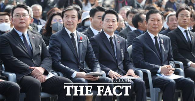 제78주년 제주 4·3 희생자 추념식에 참석한 천하람 개혁신당 원내대표, 조국 조국혁신당 대표, 장동혁 국민의힘 대표, 정청래 더불어민주당 대표(왼쪽부터). /제주=뉴시스