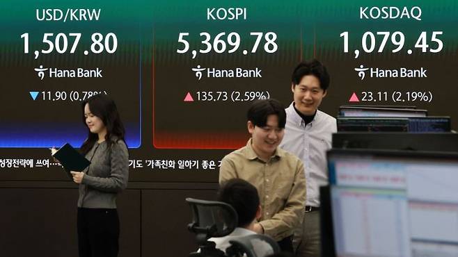 코스피가 상승 출발한 3일 오전 서울 중구 하나은행 본점 딜링룸 전광판에 코스피와 환율이 표시돼 있다. 연합뉴스
