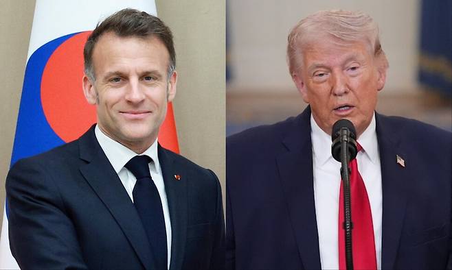 에마뉘엘 마크롱 프랑스 대통령(왼쪽), 도널드 트럼프 미국 대통령. 연합뉴스, 워싱턴/AP 연합뉴ㅅ