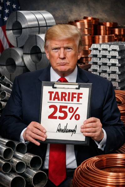 트럼프 대통령이 철강·알루미늄·구리 등 금속 함량이 높은 완제품에 대해 제품 가격의 25% 관세를 부과하는 장면. [사진=챗GPT]