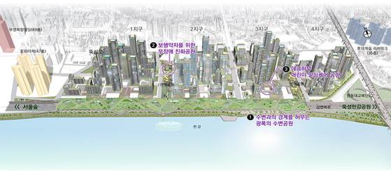 서울 '성수전략정비구역 재개발 정비계획 변경안'의 종합구상안. 강변북로 위를 1㎞ 가까이 덮어 공원으로 꾸몄다. [자료 서울시]