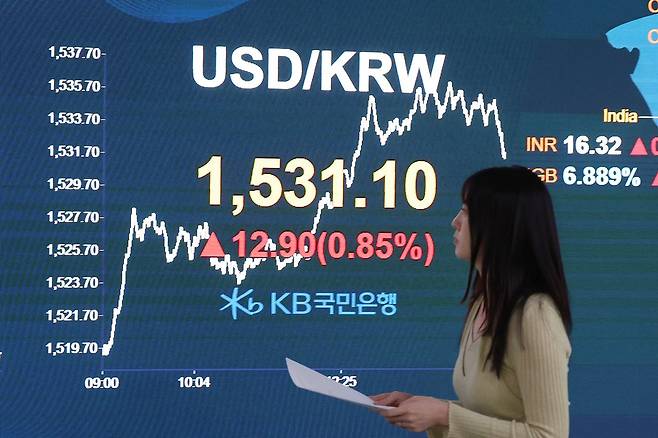 원-달러 환율이 17년만에 장중 1530원을 넘긴 지난달 31일 서울 여의도 kb국민은행 딜링룸에서 관계자가 업무를 보고 있다. 뉴시스