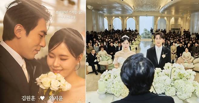개그맨 김원훈 엄지윤의 가짜 결혼 이벤트 청첩장 이미지(왼쪽), 결혼식 현장 (오른쪽) /사진=김원훈 인스타그램
