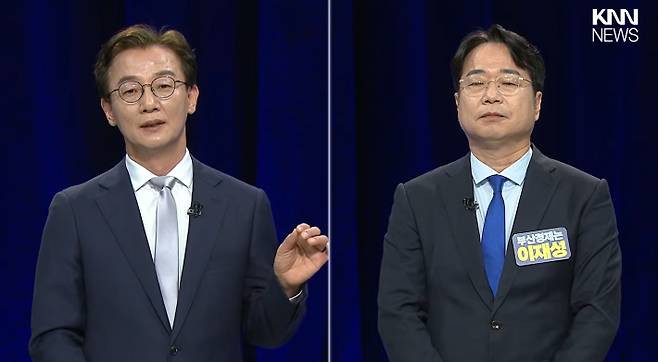 3일 열린 더불어민주당 부산시장 경선 후보 토론회에서 전재수 의원(좌)과 이재성 전 부산시당위원장(우)이 토론하고 있다. 유튜브 '델리민주' 캡처