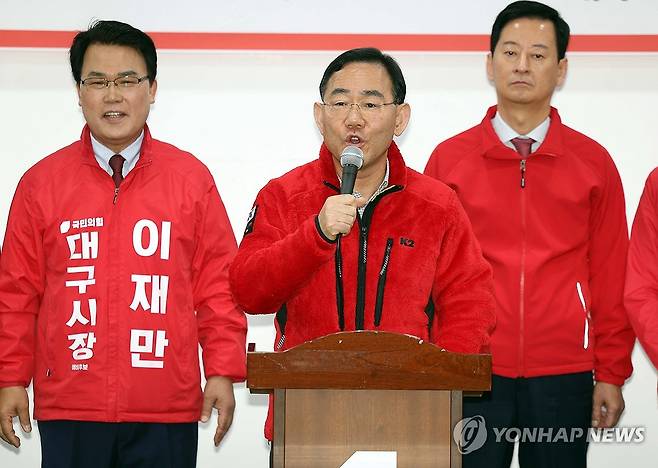 발언하는 주호영 의원 (대구=연합뉴스) 김현태 기자 = 1일 국민의힘 대구시당에서 열린 제9회 전국동시지방선거 국민의힘 대구시장 경선 후보자 공정경선 협약식에서 주호영 의원이 발언하고 있다. 2026.4.1 mtkht@yna.co.kr