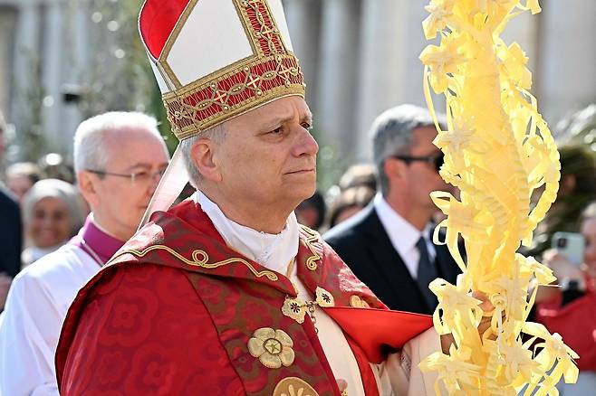 교황 레오 14세가 지난달 29일(현지시간) 바티칸 성 베드로 광장에서 열린 종려주일(부활절 직전 일요일) 미사를 집전하고 있다. AFP=연합뉴스