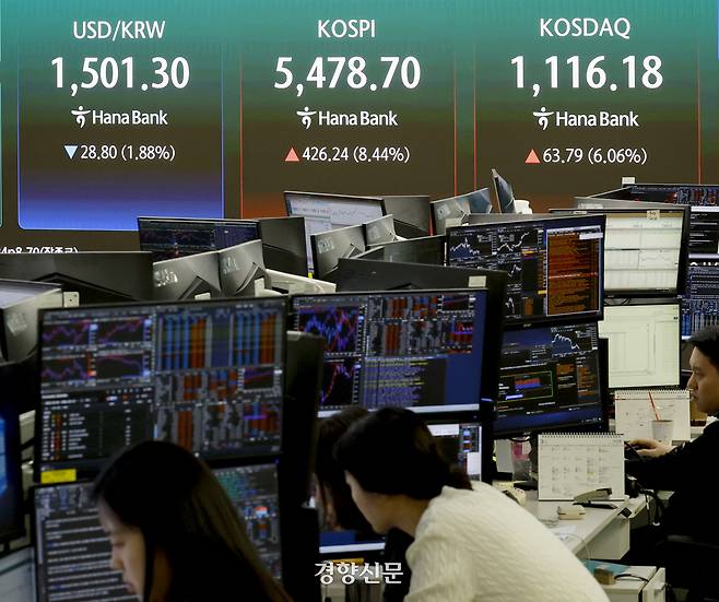 중동 전쟁 종식 기대감으로 코스피 지수가 8% 이상 급등한 1일 서울 중구 하나은행 딜링룸 현황판에 코스피 종가 등이 표시돼 있다. 이날 코스피는 전장보다 426.24포인트(8.44%) 오른 5478.70에 장을 마치며 5거래일 만에 상승세로 돌아섰다. 문재원 기자