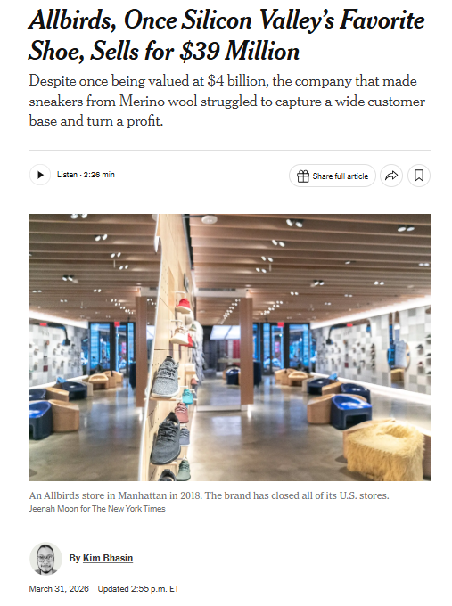 올버즈의 헐값 매각 소식을 다룬 뉴욕 타임즈 기사