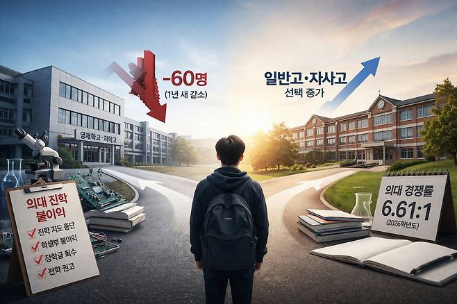의대 진학 불이익으로 특목고 출신 진학자는 줄고, 일반고 선택은 늘며 경쟁은 더 치열해졌다. AI 생성 이미지