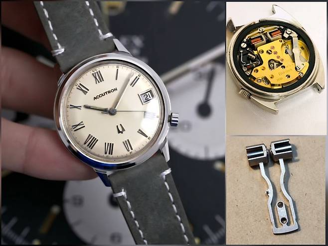 아큐트론의 무브먼트(Movement) 모습과 진동부인 튜닝 포크(Tuning Fork).