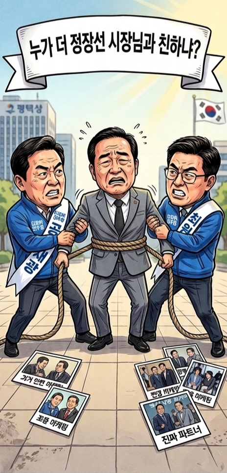 공재광·최원용 평택시장 예비후보가 정장선 시장과 인연을 두고 사진 공방을 벌인다. 사진=제미나이(Gemini) 생성