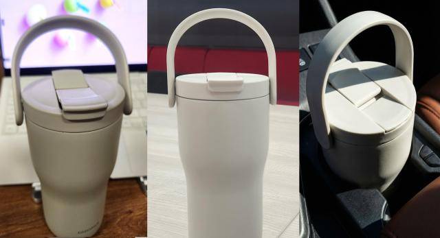 글라스락의 '캐리 플로우 텀블러'. 한 손에 들어오는 디자인에 뚜껑에 핸들이 달려 있어서 가지고 다니기 편하다. 차량 컵홀더에도 쏙 들어간다. [사진=조현미 기자·미리캔버스]