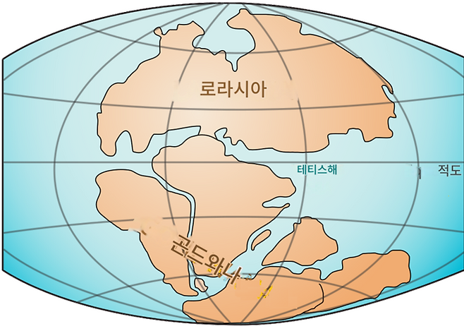 ▲2억 년 전 지구 바다와 대륙. 곤드와나 대륙과 테티스 해가 표시돼 있다. (자료=위키피디아)