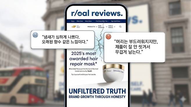 도브가 진행한 ‘r/eal reviews’ 캠페인 이미지. 레딧(Reddit)에 올라온 소비자 리뷰를 긍정·부정 구분 없이 그대로 광고에 활용한 것이 특징이다. 제미나이 합성 이미지