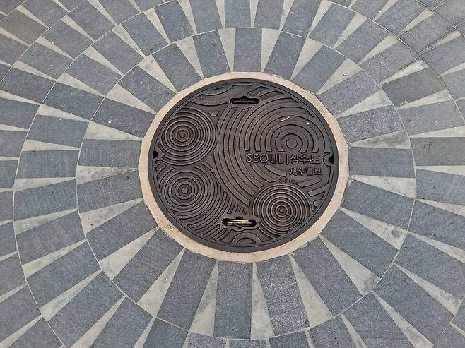 가브리엘 오로스코가 만든 리움 야외 정원 동남쪽 끝 플라자 공간의 바닥 중심에 놓인 맨홀 뚜껑을 가까이에서 내려다본 모습. 노형석 기자