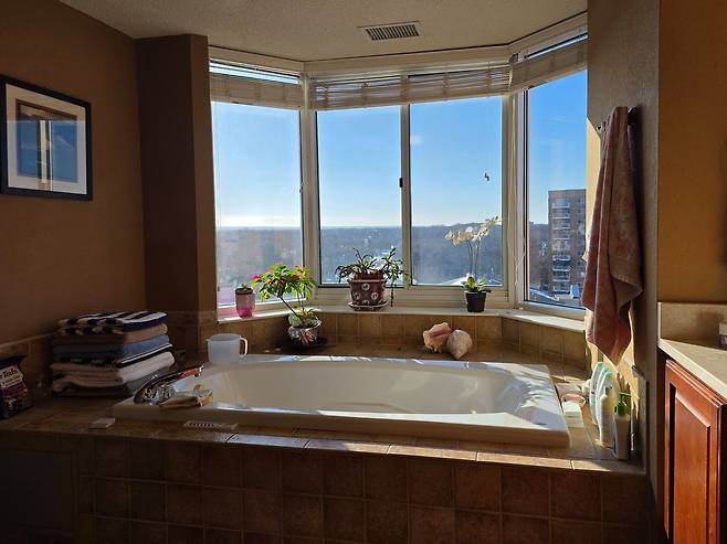 송창원 미네소타대 명예교수 자택에 있는 욕실. 해가 잘 들어오는 큰 창이 특징이다. 서지원 기자