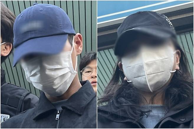 여행용 가방에 50대 여성 시신을 담아 도심 하천에 유기한 혐의를 받는 20대 부부가 지난 2일 영장실질심사를 받기 위해 이동하고 있다. 연합뉴스