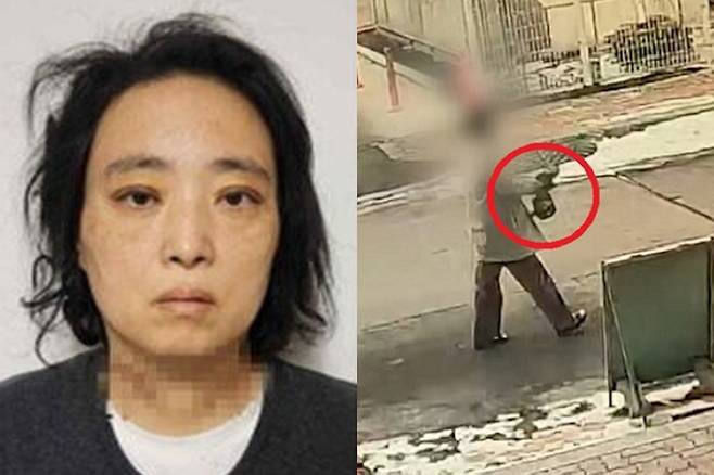 명재완 머그샷. 오른쪽은 지난해 2월10일 오후 1시30분쯤 대전 서구의 한 초등학교 인근 마트에 들러 흉기를 구입한 뒤 검은 봉지에 들고 나오는 명씨 모습. 대전경찰청 제공·JTBC 보도화면 캡처