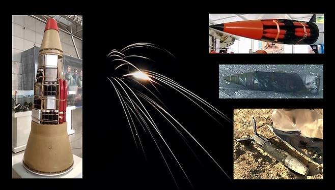 이란의 확산탄 탄두 미사일이 텔아비브 상공에서 자탄을 분리하는 모습(가운데)과 관련 탄두 구조, 잔해를 함께 보여주는 합성 이미지. 로이터·이란 국영매체