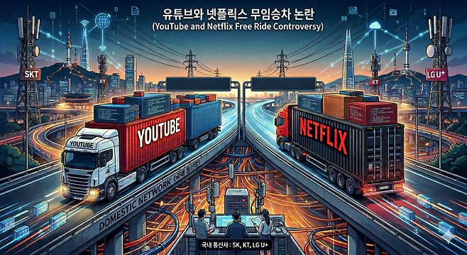 글로벌 콘텐츠제공사업자(CP) 유튜브가 이용자 5000만명 시대를 열며 국내 모바일앱 1위를 굳히고 있다. 연간 3분의 1 이상의 트래픽을 유발함에도 통신사 '망 사용료'를 내지 않아 '망 무임승차' 논란이 지속되고 있다. / 이미지 = 제미나이