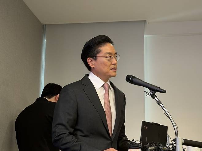 ▲전인석 삼천당제약 대표가 6일 서울 서초구 삼천당제약 본사에서 열린 기자간담회에서 발언하고 있다. 사진=박주성 기자