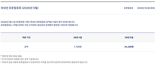 대한항공이 홈페이지에 공지한 5월 국내선 유류할증료. 대한항공 홈페이지 갈무리