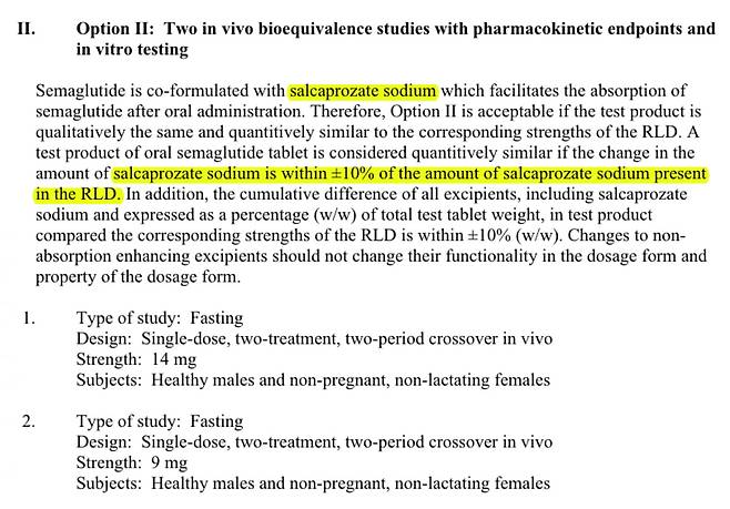 FDA가 지난해 10월 내놓은 리벨서스 제네릭 가이드라인(PSG)의 옵션2. 노란색 형광펜으로 칠한 살카프로자트 나트륨(salcaprozate sodium)이 세마글루타이드의 위장내 흡수를 촉진하는 SNAC 성분에 해당한다. SNAC의 함유량을 정하는 등, SNAC의 존재를 전제로 가이드라인이 작성됐음을 알 수 있다. FDA 제공