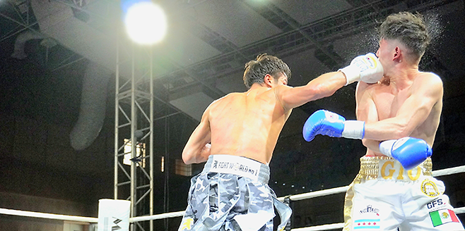 세계복싱협회 라이트급 아시아 챔피언 최시로가 2026년 4월 경기도 남양주체육문화센터 특설 링 타이틀 2차 방어전 3라운드 도전자 조반니 카브레라 미올레티를 다운시키고 있다. 사진=한국복싱커미션 KBM