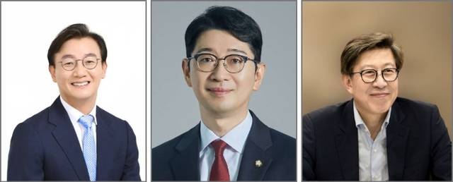 더불어민주당 전재수 의원(왼쪽)과 국민의힘 주진우 의원(중간), 박형준 부산시장(오른쪽). 각 정당 및 부산시 제공