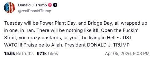 5일(현지시간) 도널드 트럼프 대통령은 자신의 소셜미디어 트루스소셜에 “빌어먹을 (호르무즈) 해협을 열어라 미친 놈들아, 그렇지 않으면 지옥에서 살게 될 것”이라며 이란에 강도 높은 위협을 가하면서 “알라에게 찬양을”이라며 조롱하는 내용의 글을 게시했다. [엑스(X·옛 트위터) 캡처]