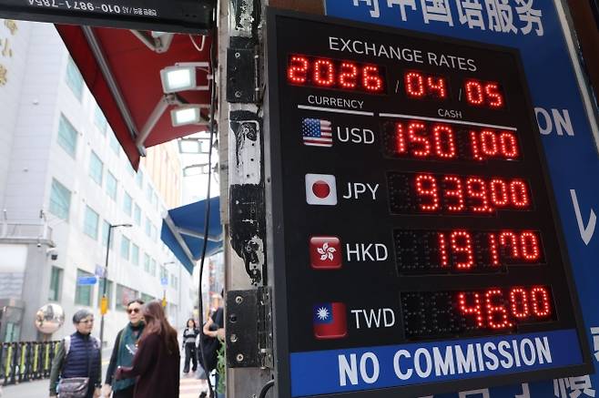 1500원대 고환율·고변동성 ‘비상’ - 중동 전쟁 여파로 원달러 환율이 1500원을 넘어서는 등 고환율 부담이 이어지는 가운데 5일 서울 중구 명동의 한 환전소 전광판에 환율이 표시돼 있다. 지난달 원달러 환율 일일 변동폭은 평균 11.4원으로 3년 4개월 만에 최대치를 기록했다. 뉴스1