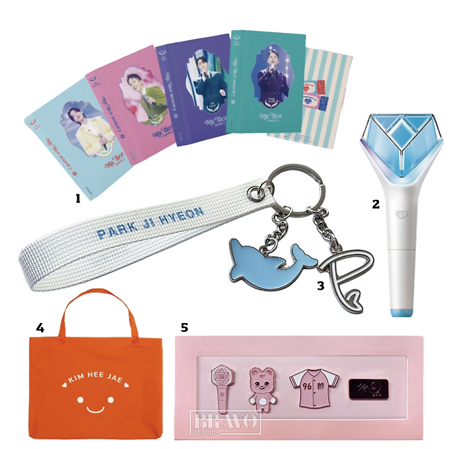 1 ‘미스터트롯3’ TOP7의 굿즈. 2 임영웅 공식 응원봉. 3 박지현 굿즈, 키링. 4 김희재 굿즈, 에코백. 5 이찬원 굿즈, 배지.