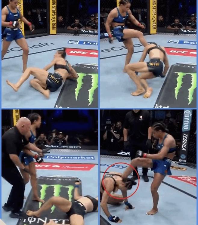 UFC에서 나온 사커킥 장면. 지오니 바르보자가 멜레니 가투에게 사커킥을 날리는 모습. 사진=마테우스 나사케 SNS