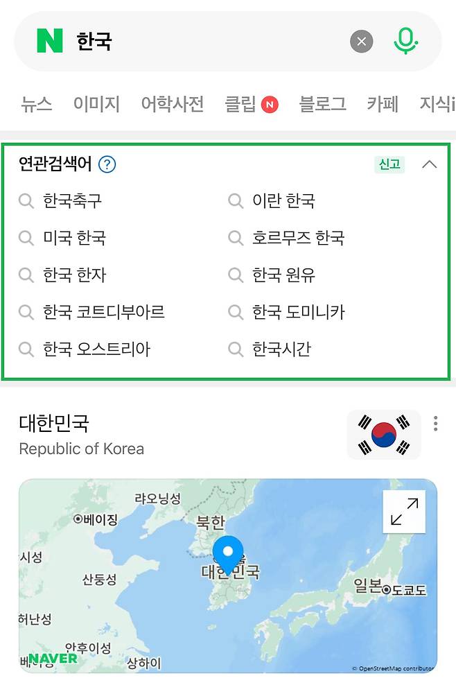 네이버 통합검색 결과 상단에서 제공되는 '연관 검색어' 화면 예시 [사진=네이버]