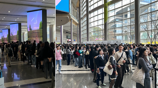 Crowds swell outside the 2026 Seoul International Buddhism Expo at Coex, with long lines wrapping around the venue and extending across the surrounding area. (Tammy Park/The Korea Herald)