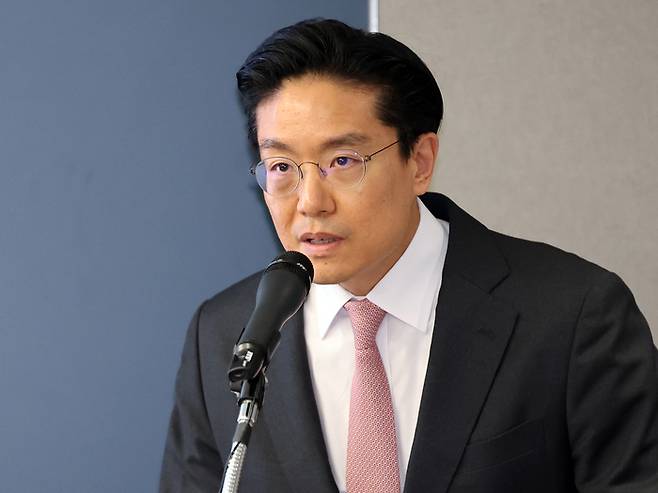 전인석 삼천당제약 대표가 지난 6일 서울 서초구 삼천당제약 본사에서 열린 기자간담회에서 발언하고 있다. [공동취재]