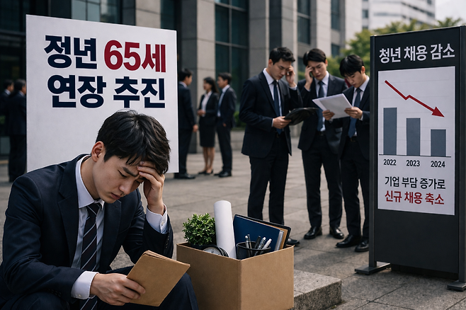 재계에서는 정년연장이 충분한 논의 없이 추진될 경우 가장 먼저 청년 고용이 위축될 것이라는 우려섞인 전망이 나온다. [챗GPT로 생성한 이미지]