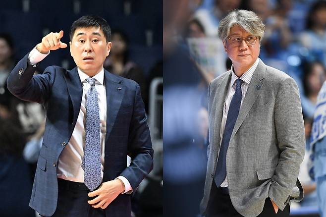 이상민(왼쪽) 부산 KCC 감독과 손창환 고양 소노 감독. KBL 제공
