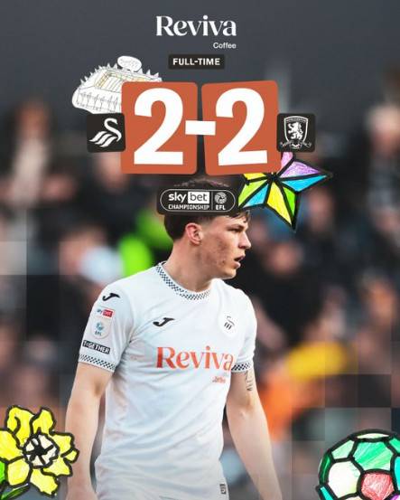 스완지는 7일(한국시간) 영국 웨일스의 스완지닷컴 스타디움에서 열린 미들즈브러와의 '2025~2026 잉글랜드 챔피언십(2부리그)' 41라운드 홈 경기에서 2-2로 비겼다. /사진=스완지시티 공식 SNS 갈무리