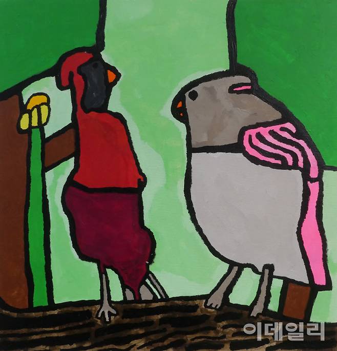 ‘2026 화랑미술제’에 출품하는 정민우의 ‘새’(50×50㎝, 2024). 자폐성 발달장애 작가들의 작품만으로 꾸리는 노화랑 부스에 나선다(사진=노화랑).