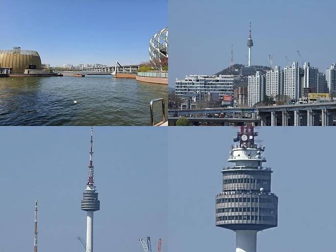 세빛둥둥섬에서 갤럭시 S26 울트라로 찍은 서울타워. 기본값, 10배, 30배, 100배줌. 사진=구자윤 기자