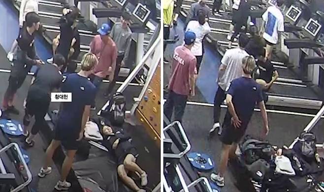 2019년 진천선수촌 웨이트트레이닝장에서 벌어진 사건의 CCTV를 중앙일보가 입수했다. 황대헌이 암벽등반 기구에 오른 여자 선수 E의 엉덩이를 때려 매트에 떨어졌고(왼쪽 사진), 이후 린샤오쥔(한국명 임효준)이 황대헌의 바지를 내리자 황대헌은 황급히 바지를 추슬렀다. [사진 CCTV 화면 캡처]