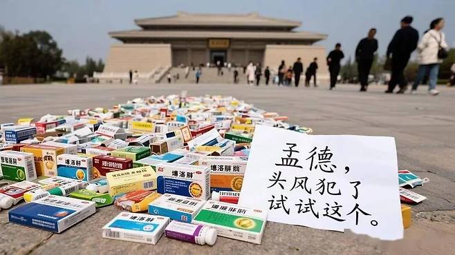중국 후한시대의 장수 조조(曹操, 155~220)의 무덤인 허난성 안양의 고릉(高陵)앞에 중국 젊은이들이 놓고 간 두통약 이부프로펜과 ″맹덕(조조의 이름), 심한 두통에 이 약을 드셔보세요″라는 안내문이 놓여있다. 웨이보 캡처