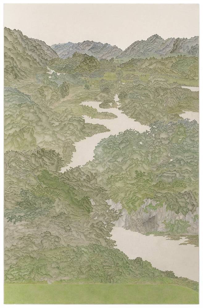 황소영 '파랗게 스미다'(2025). 185x120cm, 광목에 채색