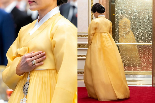 에마뉘엘 마크롱 프랑스 대통령 대통령실 전속 사진작가 알렉산드라 르봉이 지난 6일 자신의 인스타그램에 김 여사가 지난 3일 국빈 환영 오찬에서 착용한 한복과 장신구를 조명한 사진들을 게시했다. 알렉산드라 르봉 인스타그램 갈무리