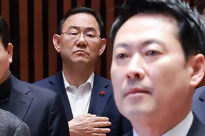 국민의힘 의원총회 참석한 장동혁 대표와 주호영 부의장 [연합뉴스]